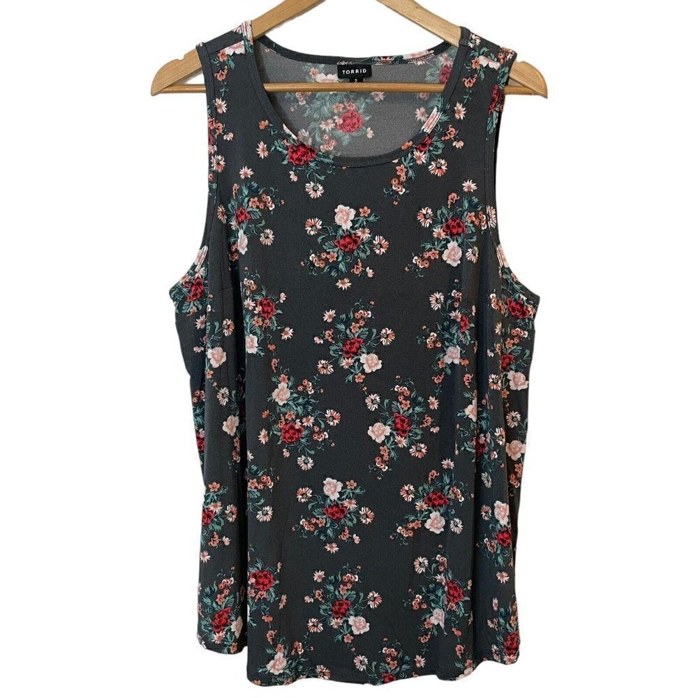 Torrid Grey Floral Crepe Tank Top Sz 2 Gray Stretchy Soft Sleeveless Casual EUC